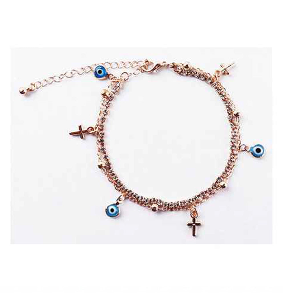 Trendy Evil Eye & Cross Charm Anklet (Rose Gold Tone)