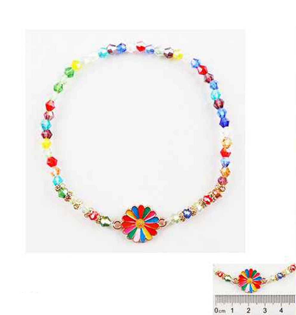 Vibrant Rainbow Beaded Anklet with Enamel Flower Charm | Colorful Crystal Ankle Bracelet for Summer & Festivals
