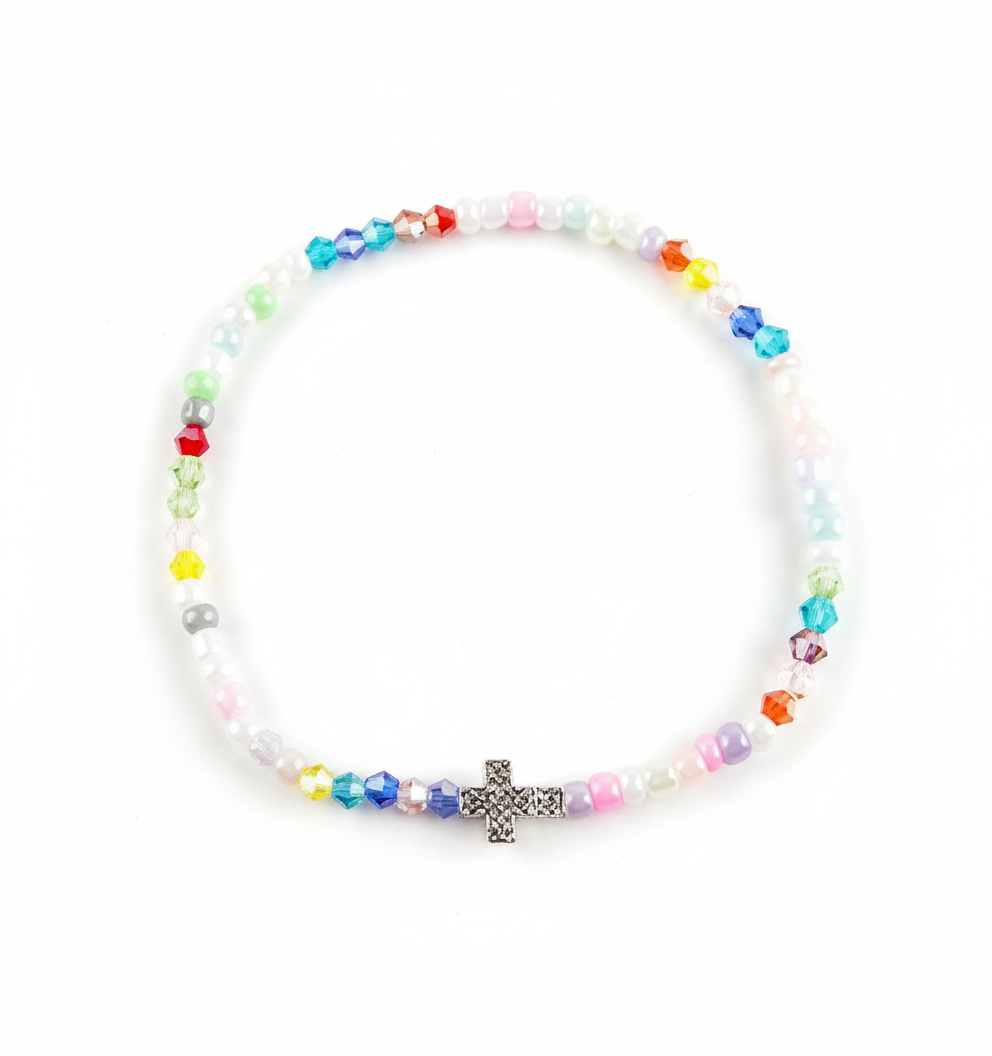 Colorful Crystal Beaded Cross Charm Stretch Bracelet (Stackable)