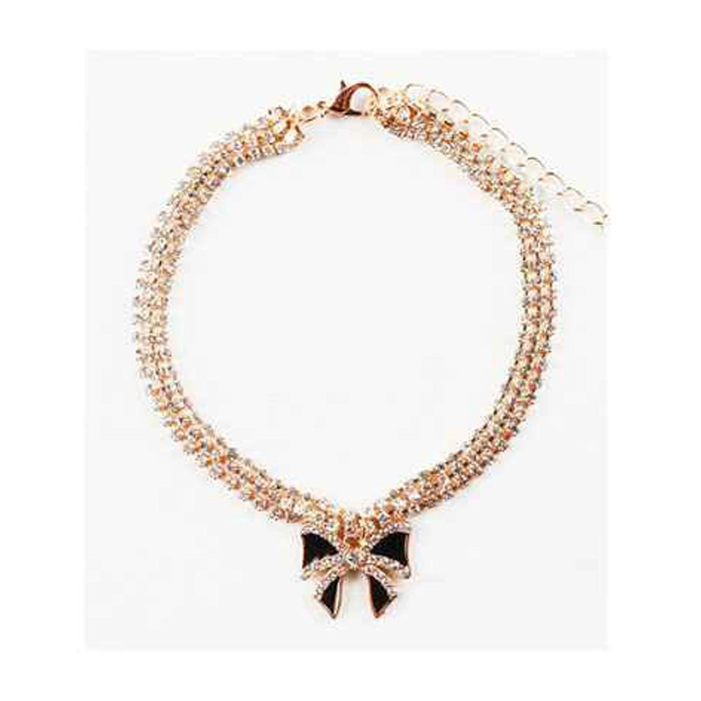 Sparkling Triple-Row Rhinestone Anklet with Black Bow Charm | Gold Tone Ankle Bracelet