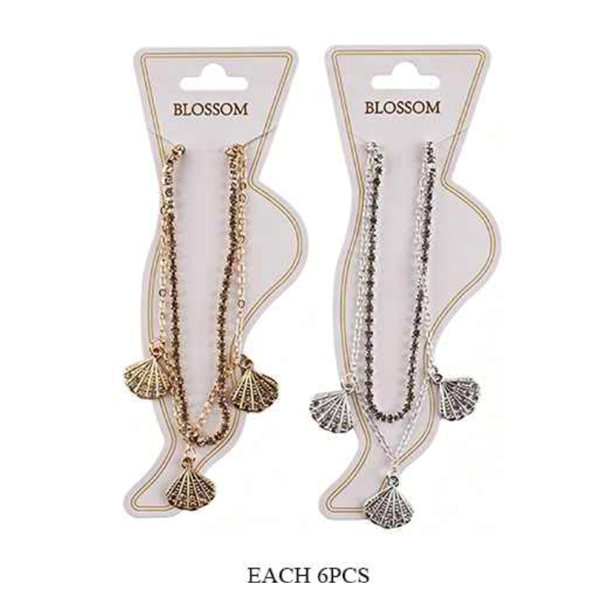 Gold and Silver Rhinestone Seashell Anklet Set – Layered Crystal Ankle Bracelet with Sea Shell Charms, Adjustable Beach Foot Jewelry for Women, 6-Piece Pack (IAK-264)
