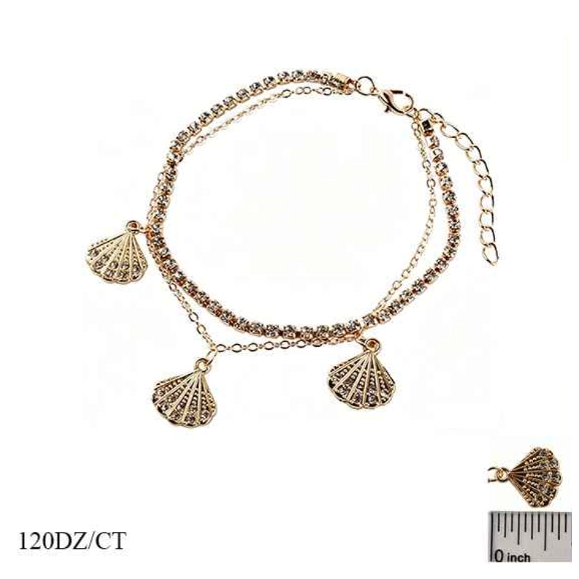 Gold and Silver Rhinestone Seashell Anklet Set – Layered Crystal Ankle Bracelet with Sea Shell Charms, Adjustable Beach Foot Jewelry for Women, 6-Piece Pack (IAK-264)