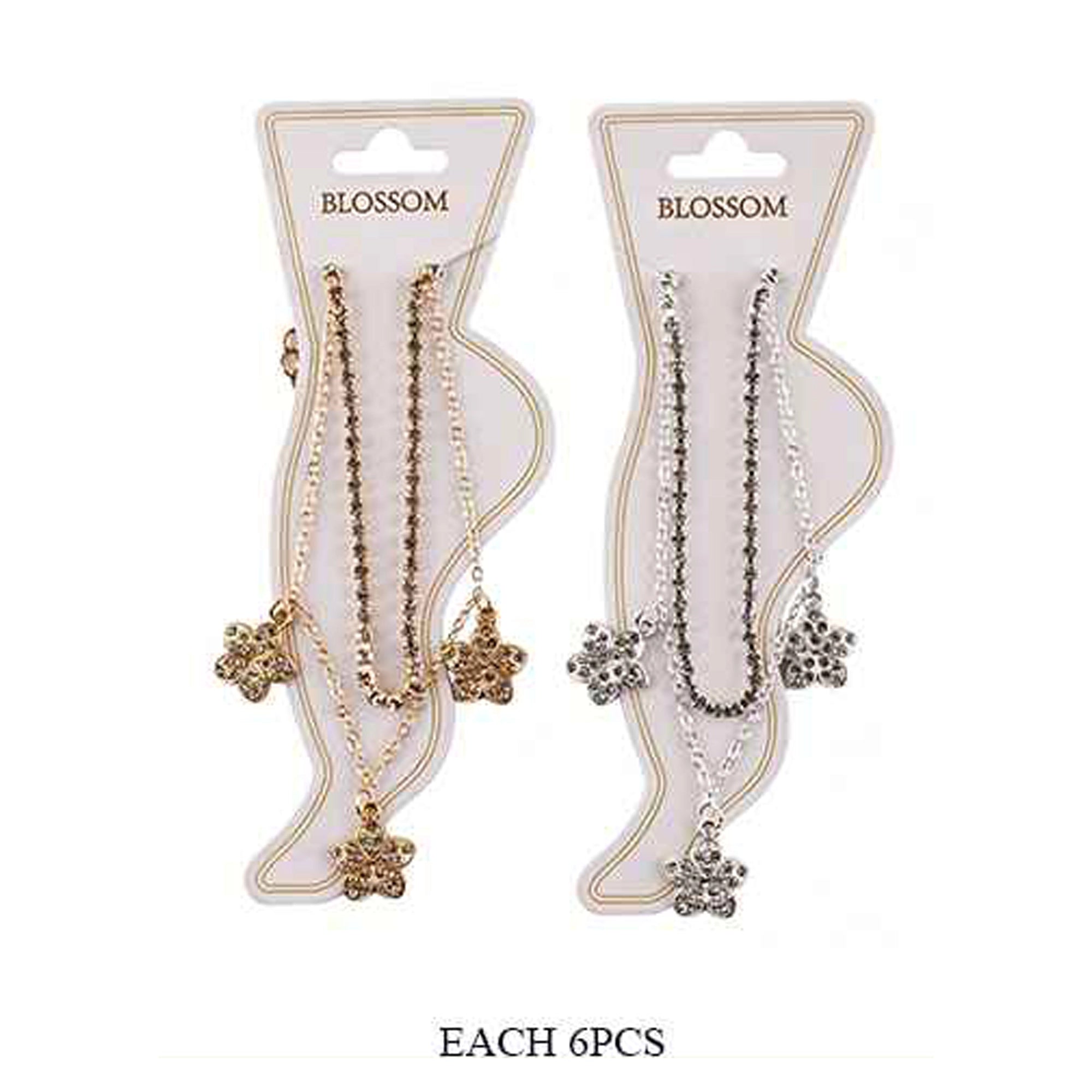 Blossom Double-Layer Rhinestone Anklet with Flower Charms – 6-Piece Pack, Gold & Silver Tone Foot Jewelry (IAK-266)