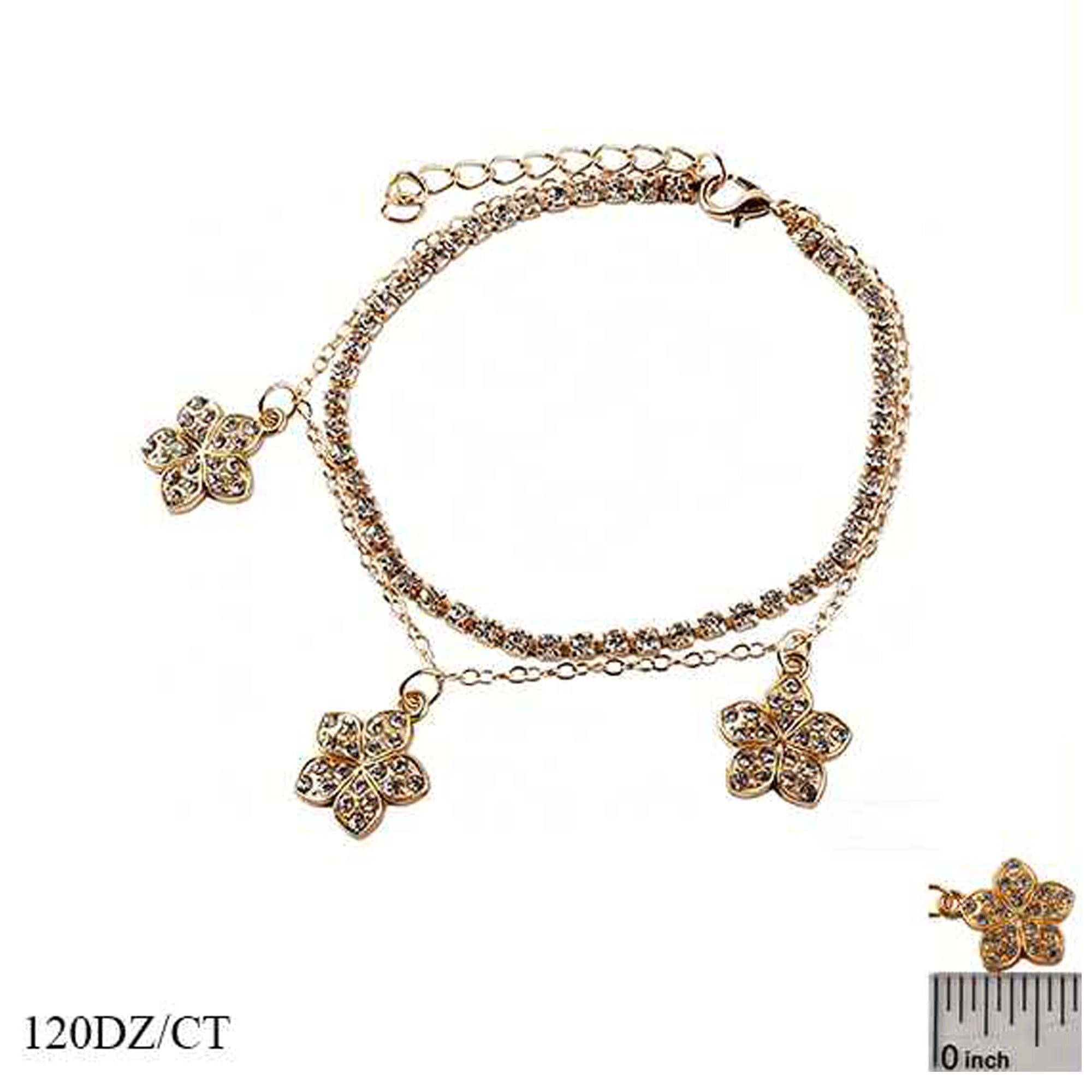 Blossom Double-Layer Rhinestone Anklet with Flower Charms – 6-Piece Pack, Gold & Silver Tone Foot Jewelry (IAK-266)