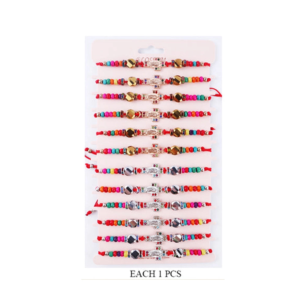 Devotional Cross & Miraculous Medal Red String Bracelet Set (12-Pack) - Adjustable