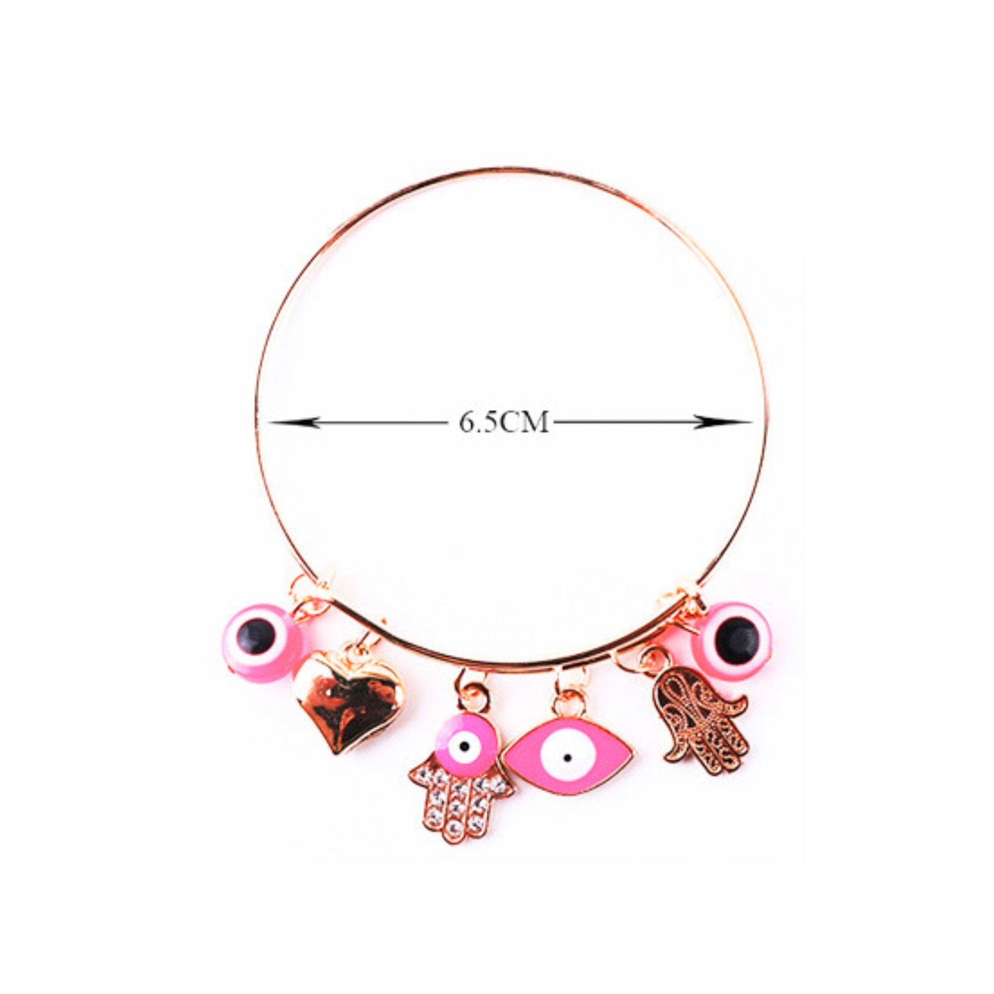Pink Evil Eye & Hamsa Charm Bangle in Gold-Tone