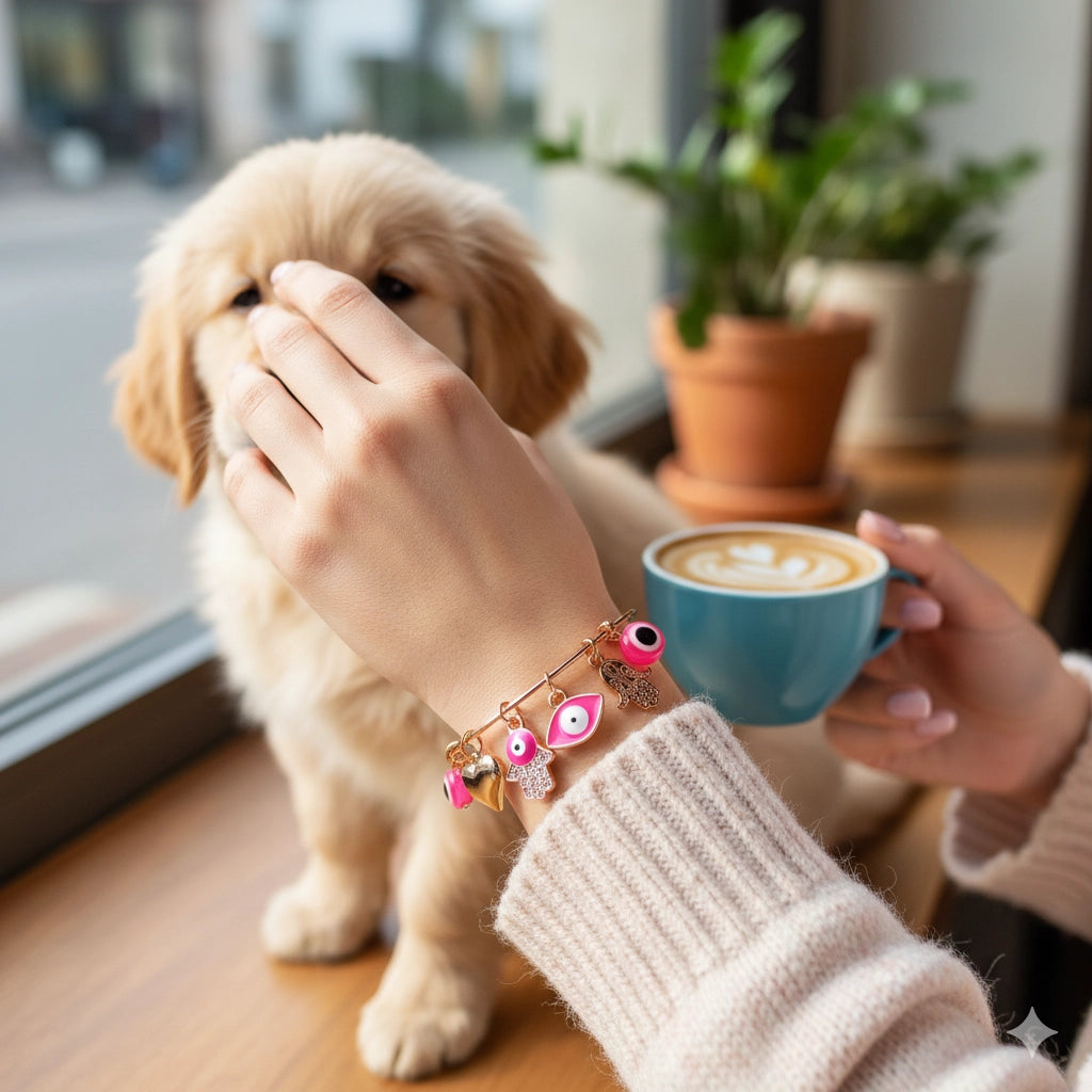 Pink Evil Eye & Hamsa Charm Bangle in Gold-Tone
