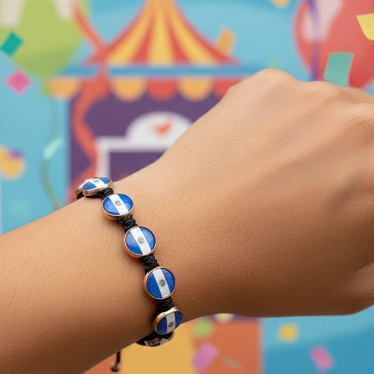 El Salvador Flag Bracelet Set (12-Pack) - Adjustable Black Macrame