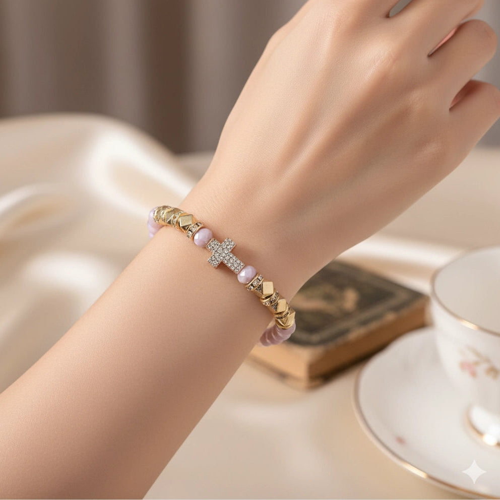Beaded Cross Stretch Bracelet – Gold Accents & Rhinestone Detail