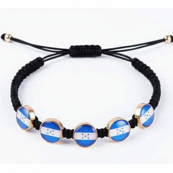 Honduras Flag Bracelet Set - Adjustable Black Macrame