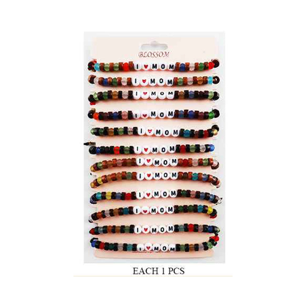 "I ❤️ MOM" Bead Bracelet Set (12-Pack) - Adjustable String Gift