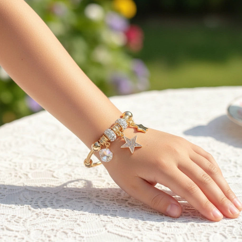 Celestial Sparkle Star Charm Open Bangle Bracelet