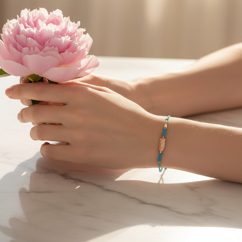 Adjustable Heishi Beaded Virgin Mary Bracelet – Religious Charm Cord Wristband (IBR-3166)