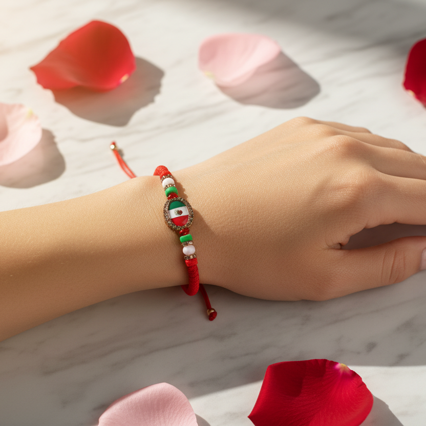 Adjustable Mexican Flag Beaded Braided Cord Bracelet (IBR-3187MX)