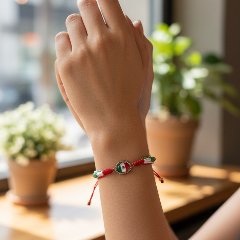 Adjustable Mexican Flag Woven Cord Bracelet with Rhinestone Charm (IBR-3189MX)