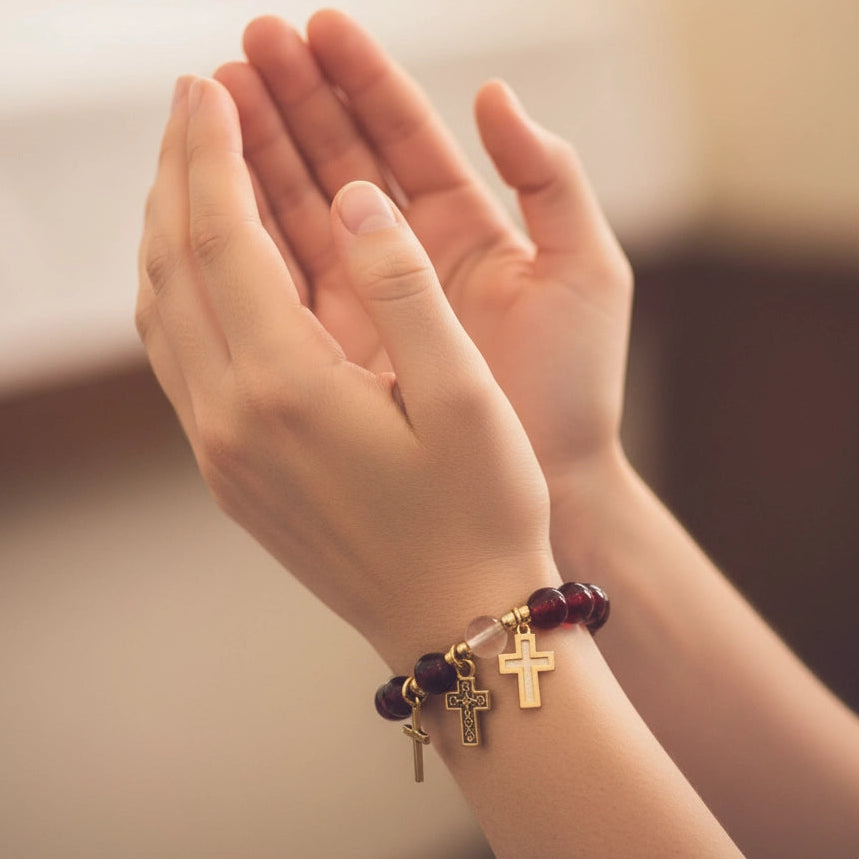 Beaded Religious Charm Bracelet – Cross and Saint Medal Stretch Bracelet for Women
