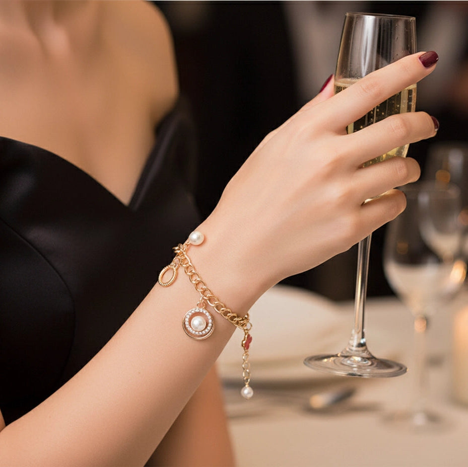 Elegant Charm Chain Bracelet - Pearl, Clover & Pave Accents