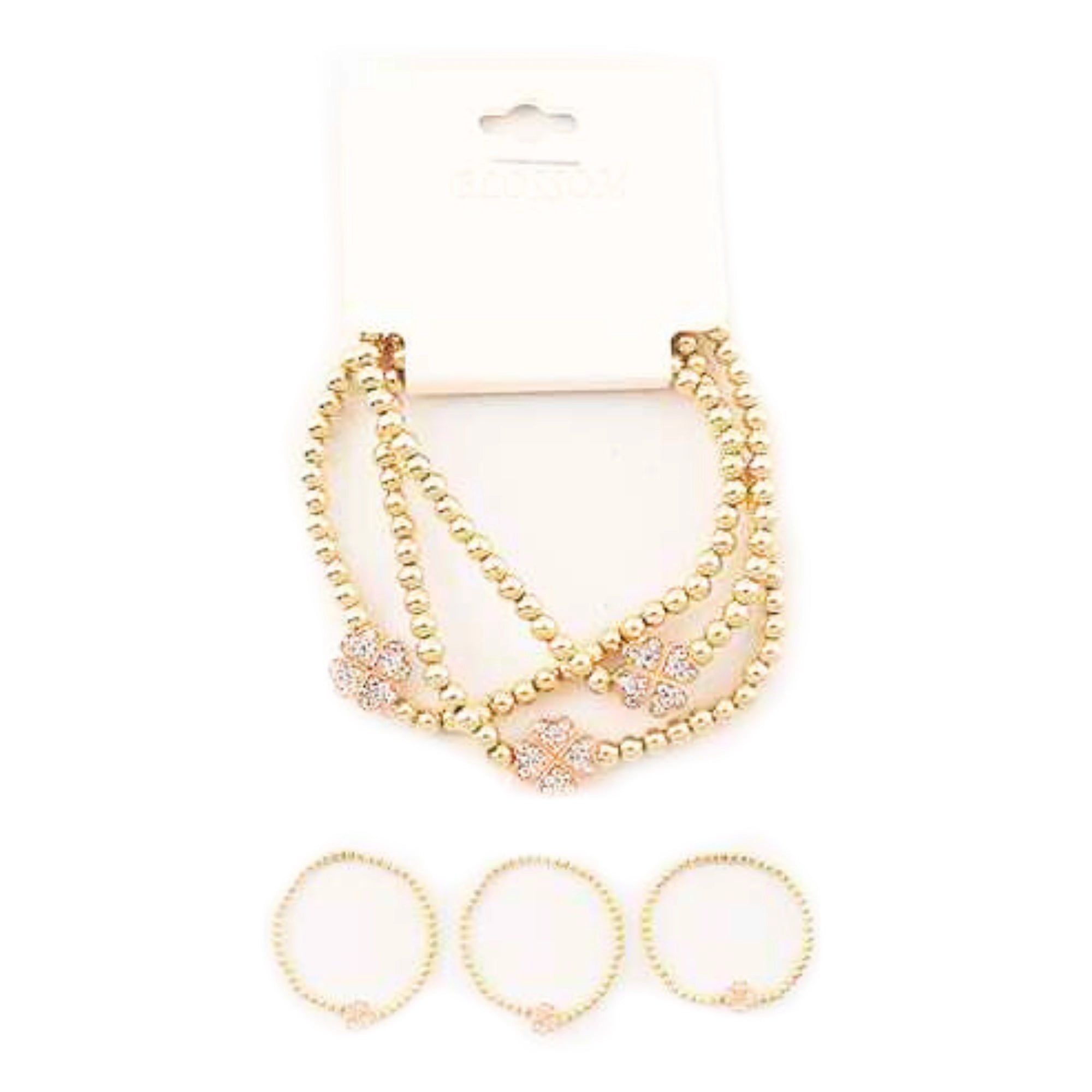 Triple-Row Beaded Clover Bracelet in Gold or Silver Tone