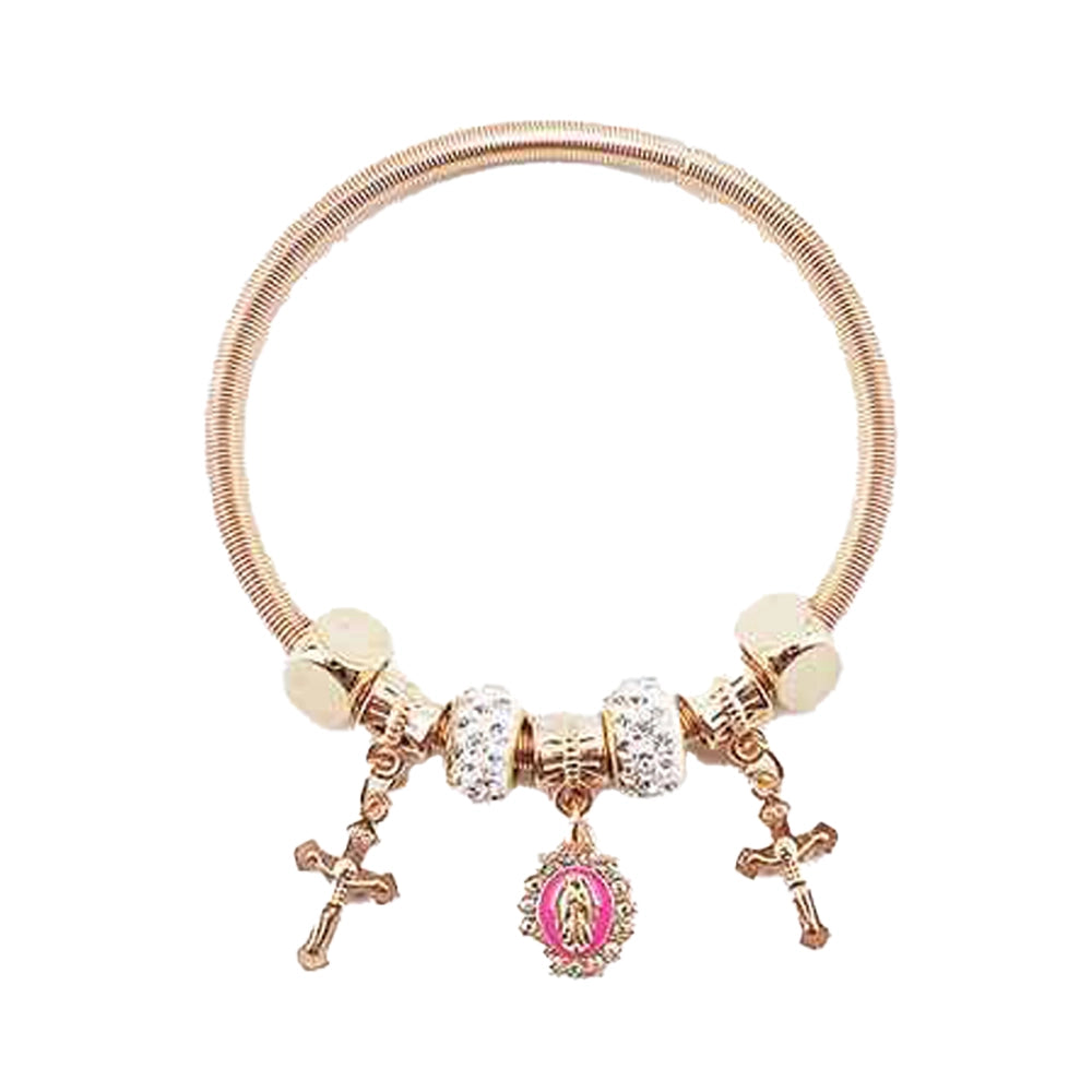 Religious Charm Bangle Bracelet - Rose Gold & Silver Tones with Crucifix and Virgin Mary Charms (IBR-3476)