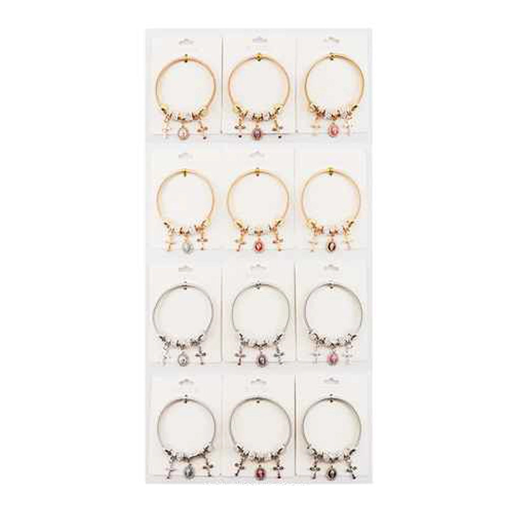 Religious Charm Bangle Bracelet - Rose Gold & Silver Tones with Crucifix and Virgin Mary Charms (IBR-3476)