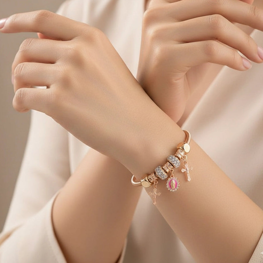 Religious Charm Bangle Bracelet - Rose Gold & Silver Tones with Crucifix and Virgin Mary Charms (IBR-3476)