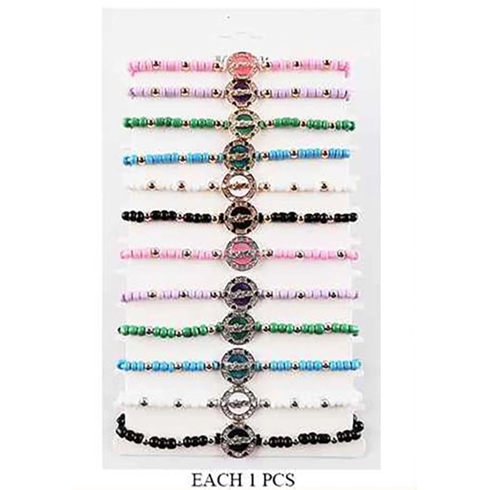Adjustable Beaded Charm Bracelet with Sparkling Centerpiece – Handmade Braided Cord Wristband (IBR-3564BT)