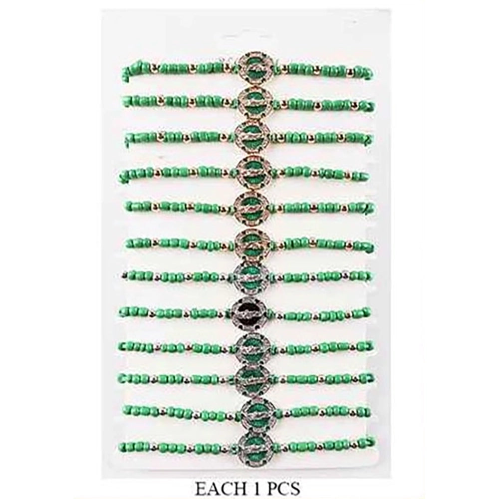 Green Bead Cord Bracelet with Embedded Centerpiece Medallion – Adjustable Charm Wristband (12-Pack) (IBR-3564GN)