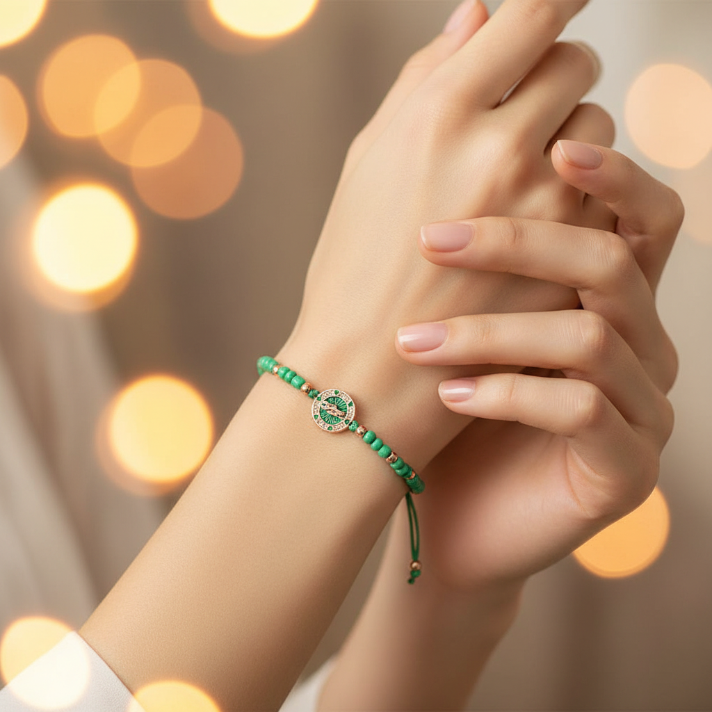 Green Bead Cord Bracelet with Embedded Centerpiece Medallion – Adjustable Charm Wristband (12-Pack) (IBR-3564GN)