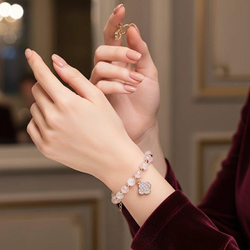 Beaded Clover Charm Bracelet – Sparkling Rhinestone Accents