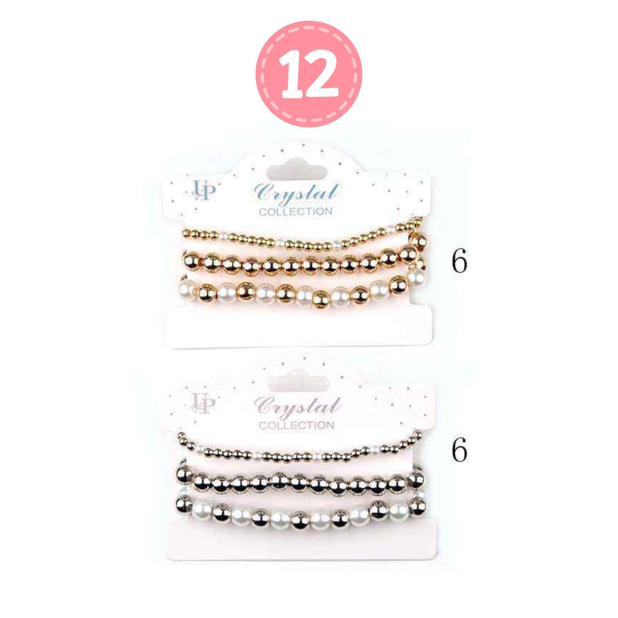 Crystal Collection Metallic & Pearl Beaded Bracelet Set – 3-Piece Stackable Set