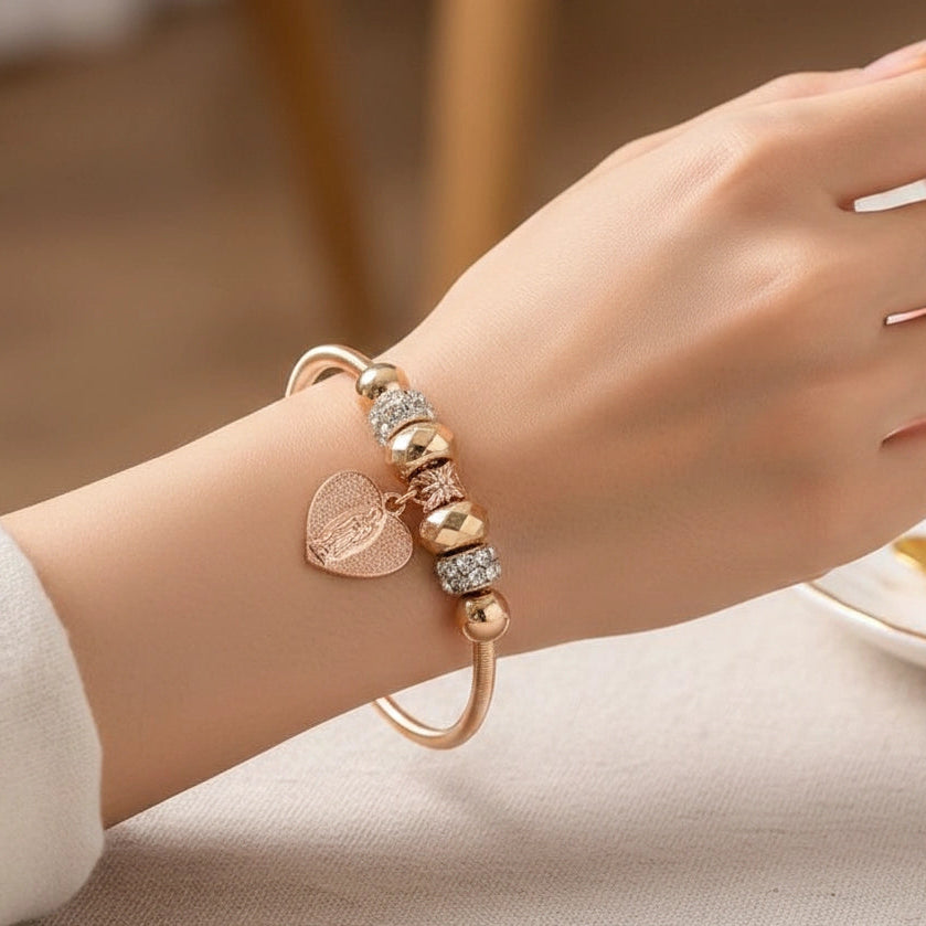 Blossom Religious Heart Charm Coil Bracelet – Virgin Mary Medallion with Crystal Accents (IBR-3645