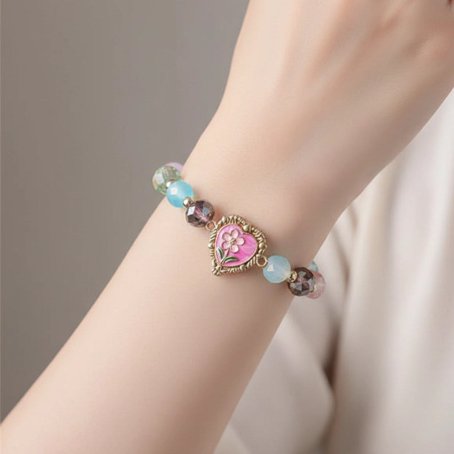 Enchanting Crystal Heart Charm Bracelet | Multicolor Beaded Jewelry