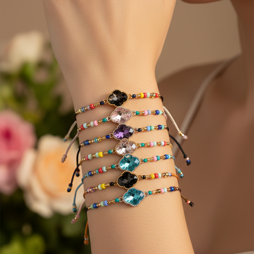 Handmade Adjustable Clover Charm Cord Bracelet – Colorful Beaded Friendship Jewelry Set (IBR-3834)