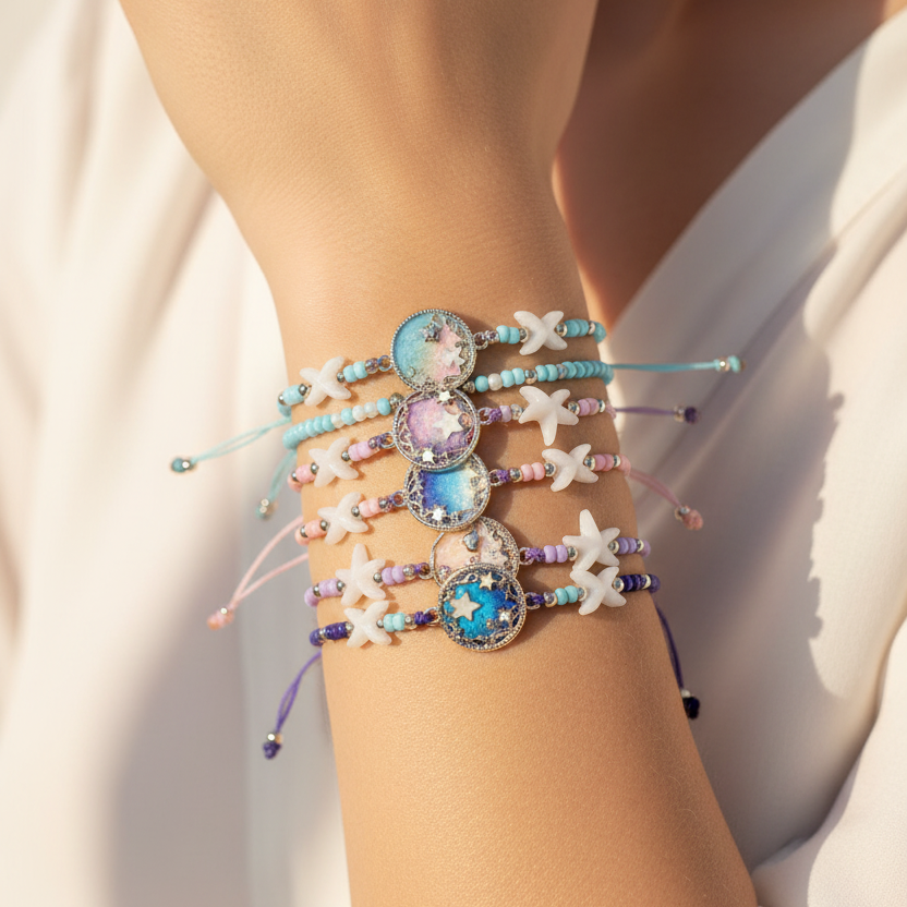Handcrafted Ocean Wave & Starfish Charm Braided Cord Bracelet – Adjustable Coastal Beach Jewelry (IBR-3839)
