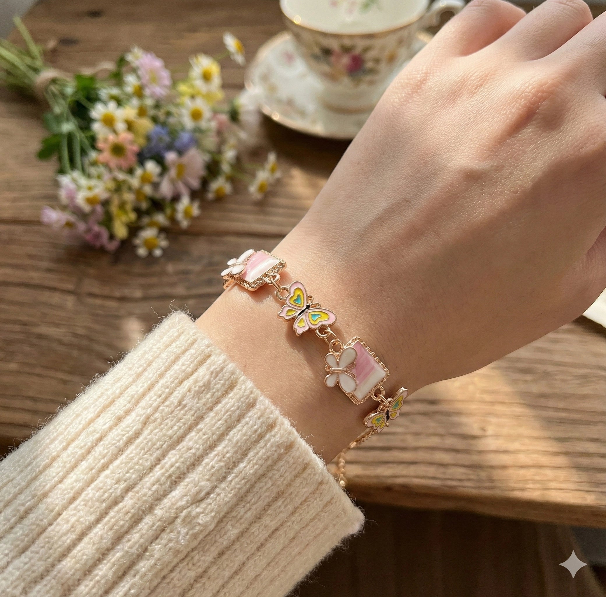 Enamel Butterfly & Mosaic Charm Bracelet – Rose Gold Tone (IBR-3854)