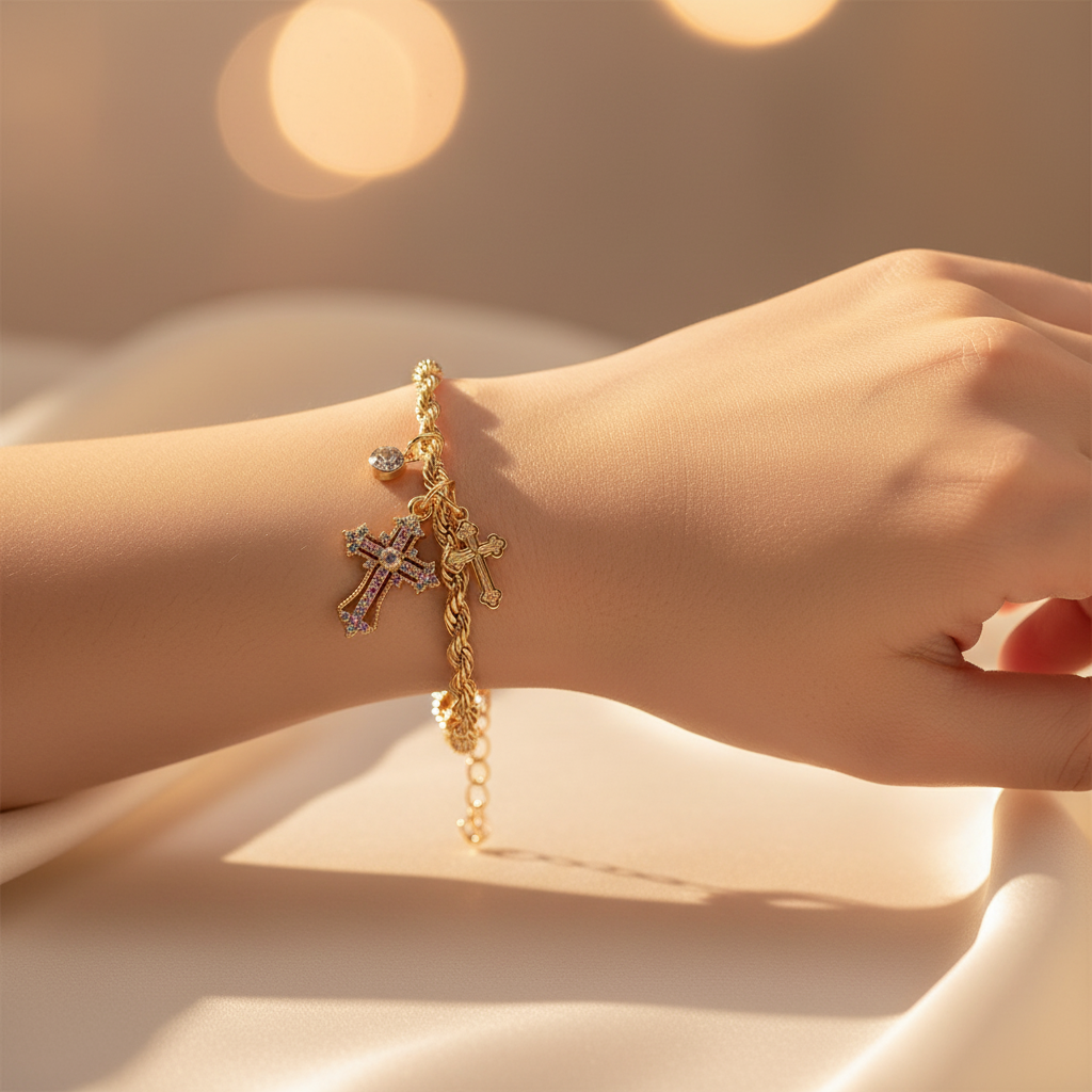 Gold & Silver Double-Cross Charm Rope Chain Anklet / Bracelet | Model IBR-3870 (IBR-3870)