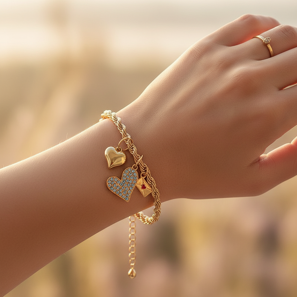 Romantic Love Letter & Rhinestone Heart Charm Bracelet | Gold & Silver Twisted Chain Jewelry (IBR-3874)