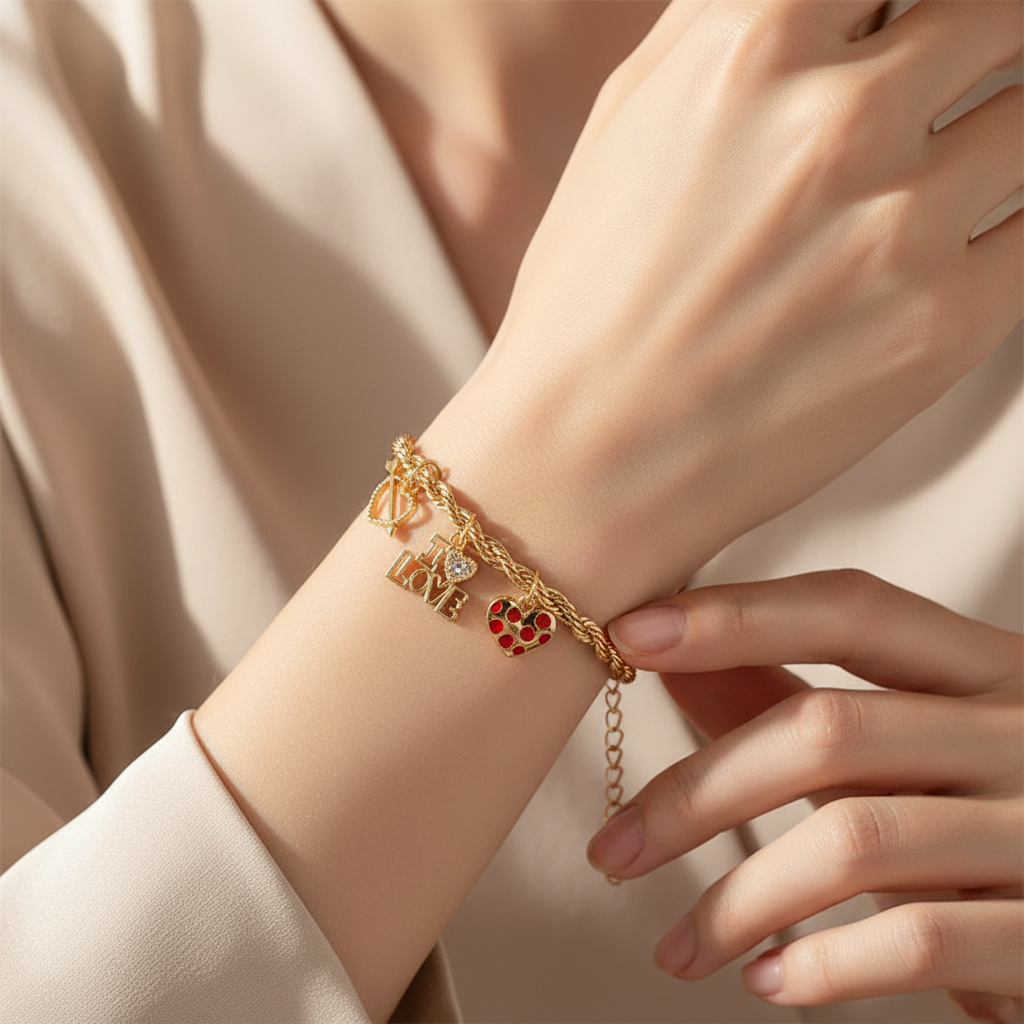 Charming Gold & Silver Twisted Rope Charm Bracelet – Cupid Bow, "LOVE" Lettering & Polka Dot Heart Dangle (IBR-3877)