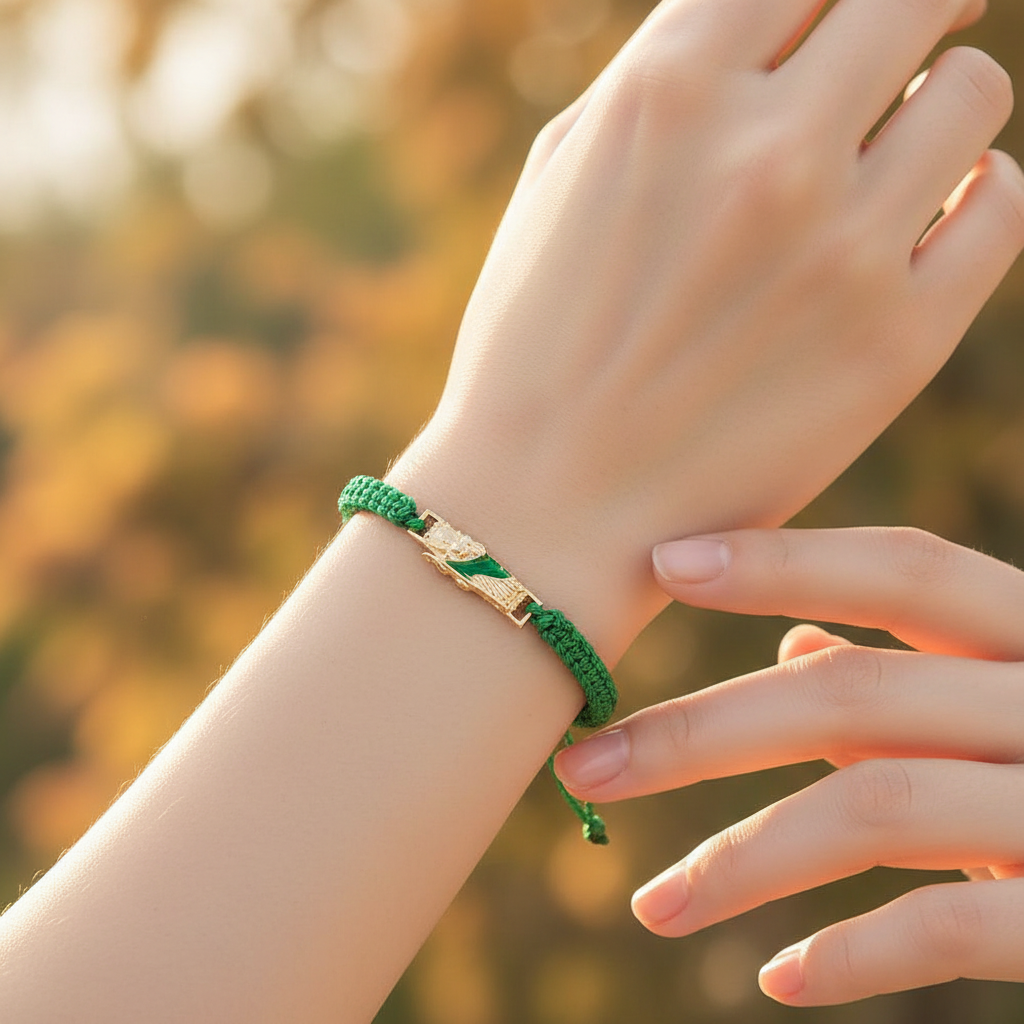 Green Braided String Bracelet with Gold & Green Enamel Charm | Adjustable Macrame Protection Jewelry(IBR-3887)