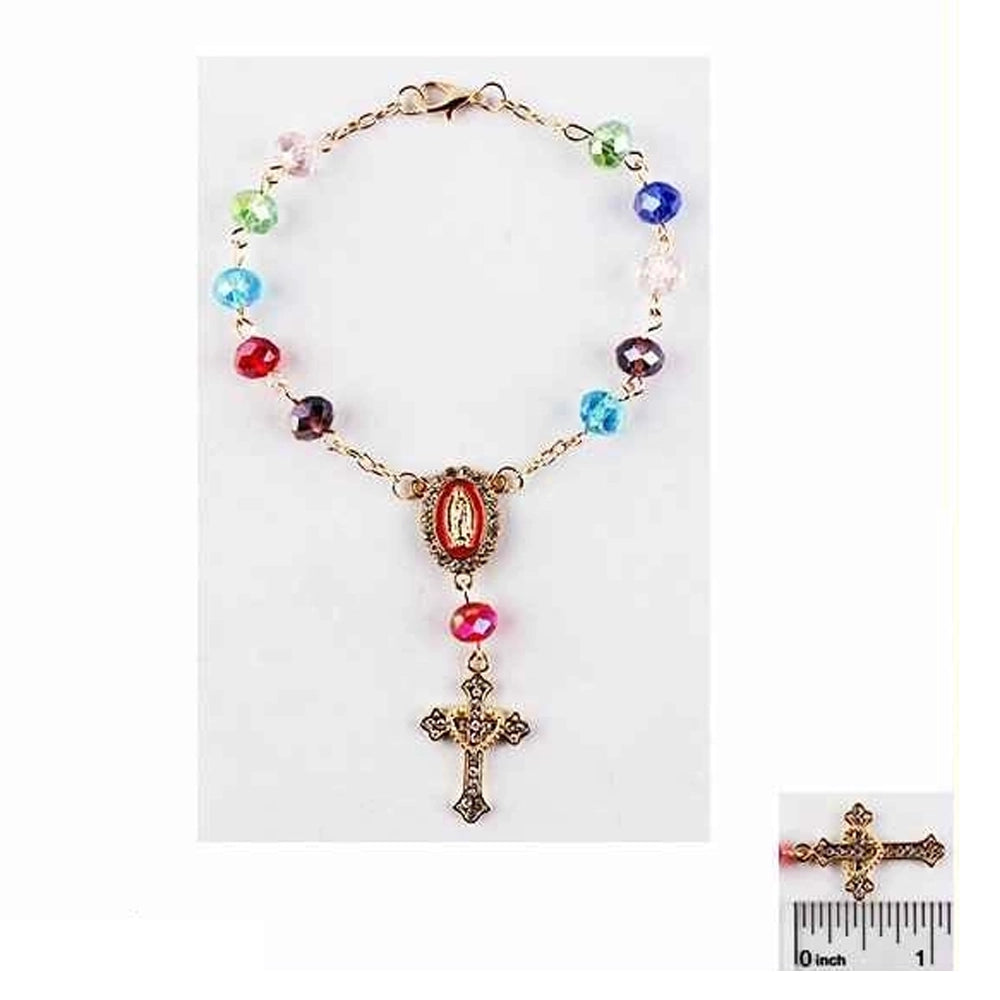 Catholic Virgin Mary & Crucifix Rosary Bracelet – Gold-Tone Religious Jewelry with Colorful Crystal Beads (IBR-3906)