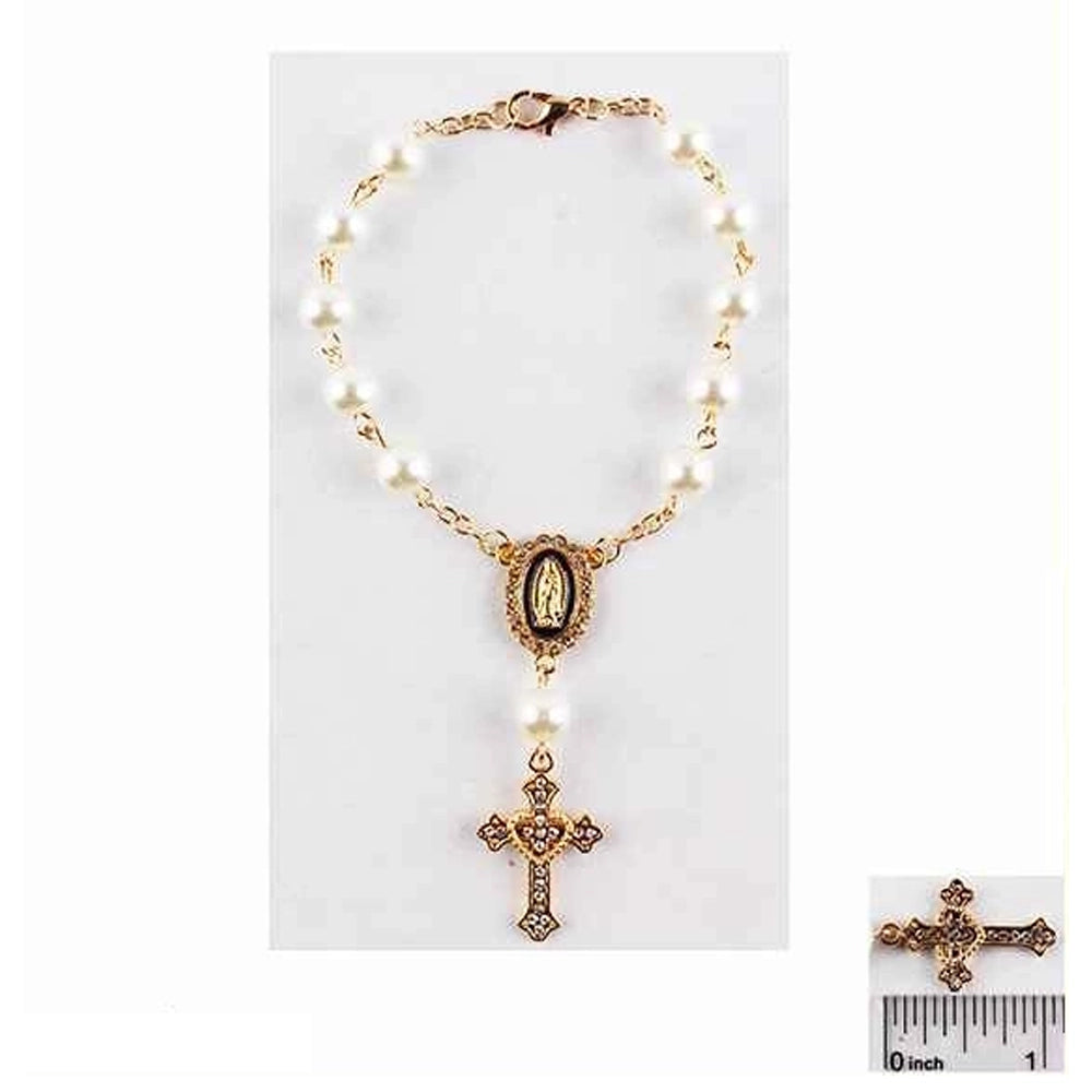 Gold-Tone Rosary Bracelet with Virgin Mary Medal and Filigree Crucifix – Faux Pearl Religious Jewelry (IBR-3910)