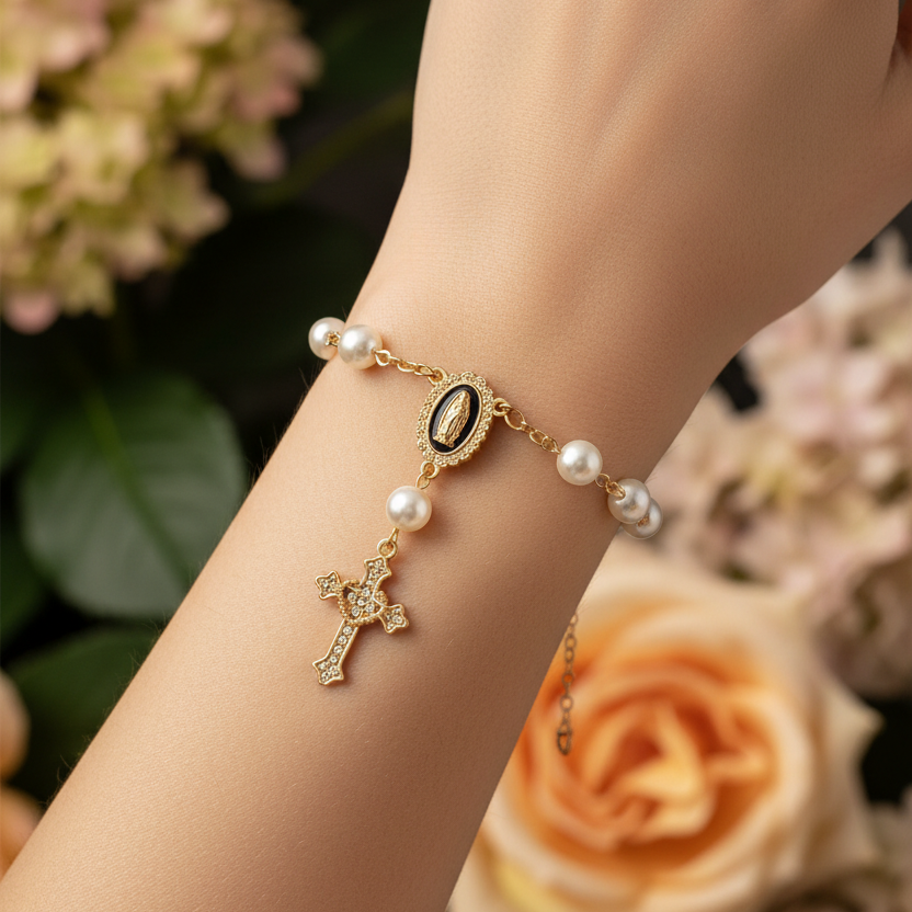 Gold-Tone Rosary Bracelet with Virgin Mary Medal and Filigree Crucifix – Faux Pearl Religious Jewelry (IBR-3910)