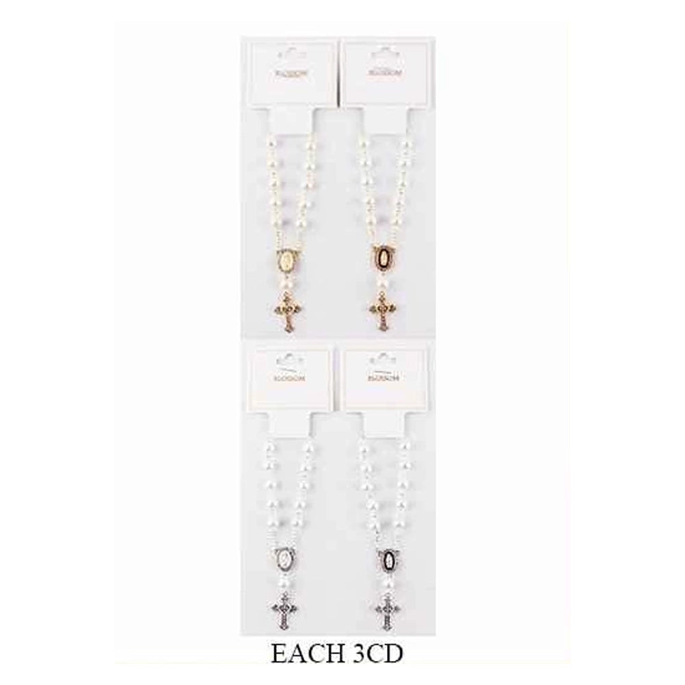 Gold-Tone Rosary Bracelet with Virgin Mary Medal and Filigree Crucifix – Faux Pearl Religious Jewelry (IBR-3910)