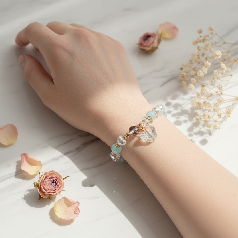 Blossom Beaded Charm Bracelets – Pastel Crystal & Butterfly Charm Stretch Bracelet Set (IBR-3949)