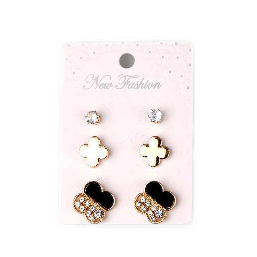 Endless Style: Set of 3 Clover & Crystal Stud Earrings