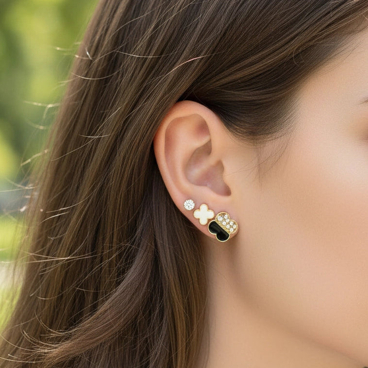 Endless Style: Set of 3 Clover & Crystal Stud Earrings