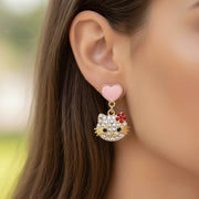 Sparkle & Sweetness: Adorable Cat Dangle Earrings with Heart Accents