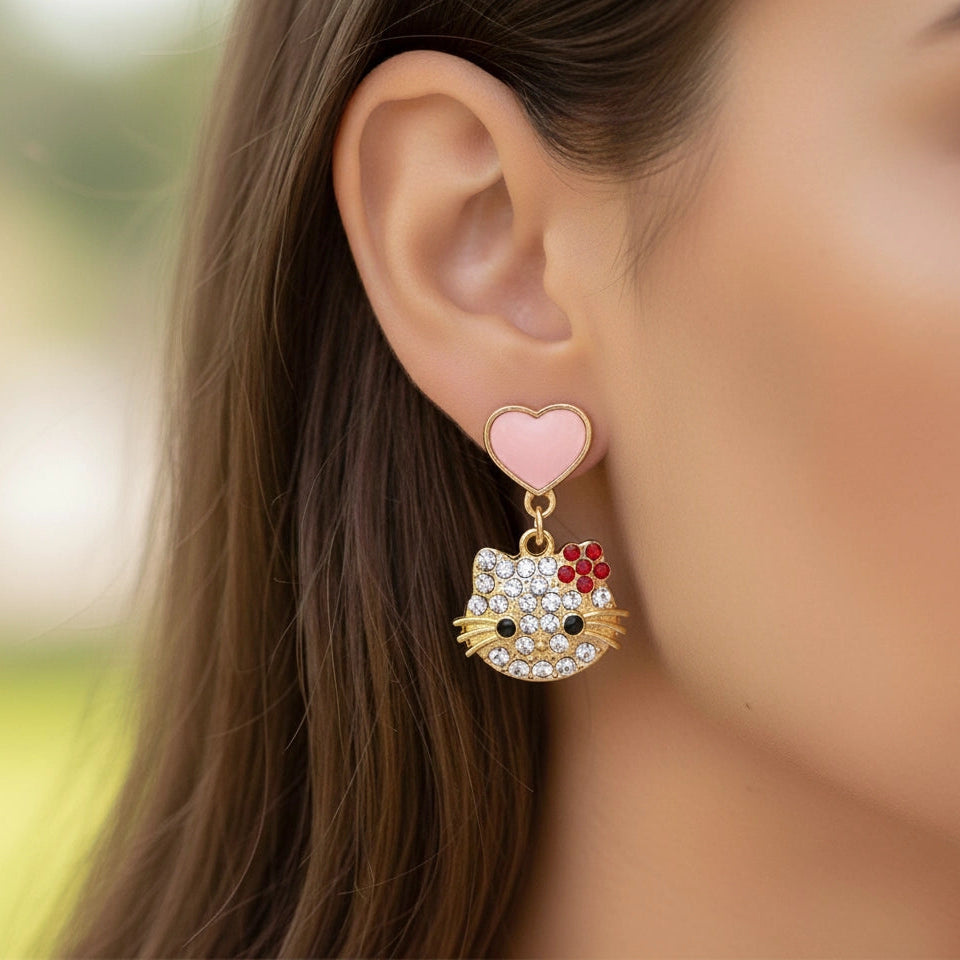Sparkle & Sweetness: Adorable Cat Dangle Earrings with Heart Accents