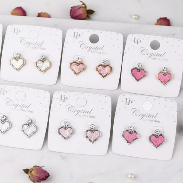 Pixel Love Studs | 8-Bit Heart Earrings with Crystal Accent