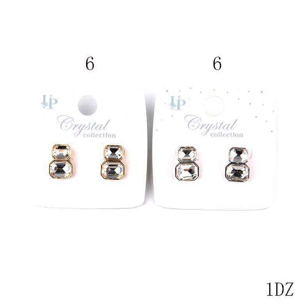 Elegant Double Emerald-Cut Crystal Drop Stud Earrings – Gold & Silver Tone (IER-0962)